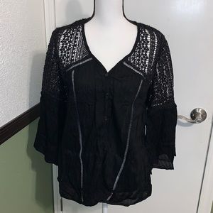 Women's Lace Crochet V Neck Bell Sleeve Button Down Shirts Casual Loose Blouse